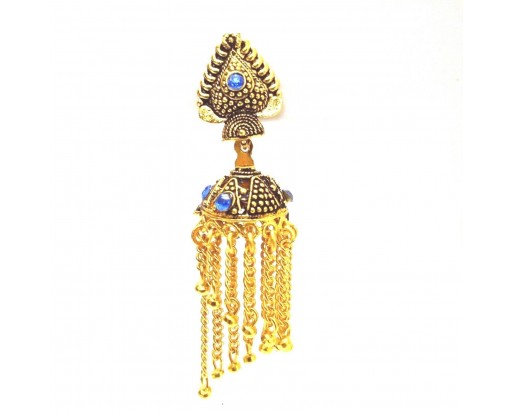 Golden Oxidized Earring Jhumka - Push Back Dangle Long Drop Chandelier - Blue